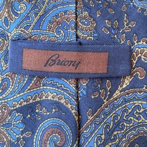 Brioni Designer Neck Tie Blues Brown Gold Paisley 100% Silk Made in Italy